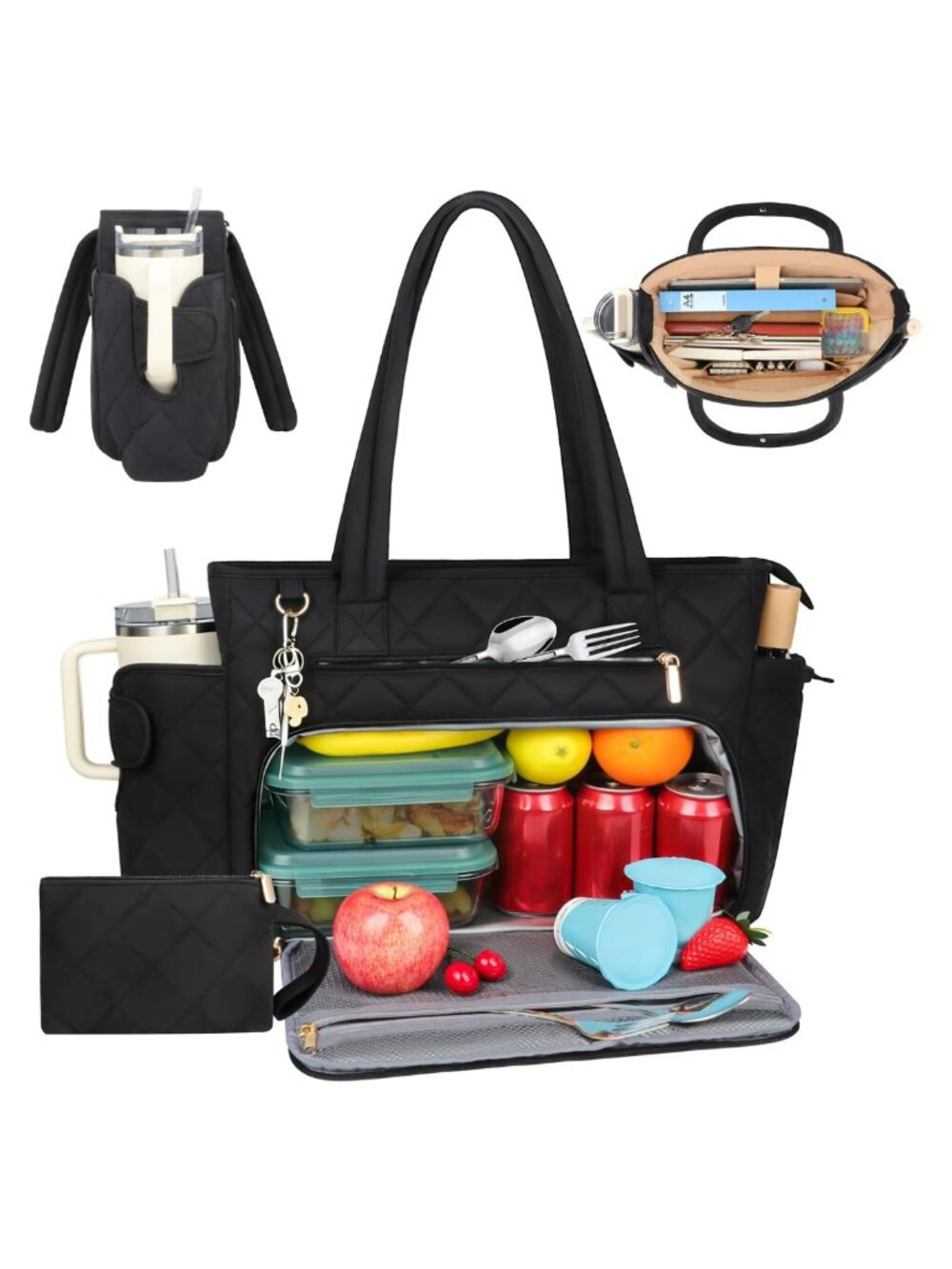 Women's Quilted Puffer Laptop Tote Bag with Insulated Lunch Compartment